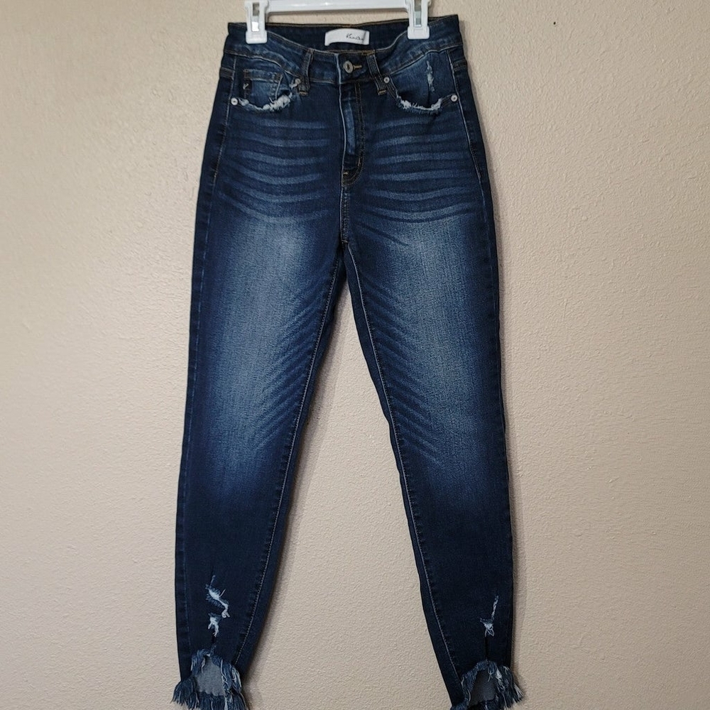 KanCan Dark Blue Distressed Skinny Jeans with Frayed Hem